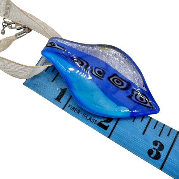 Handcrafted Fused Glass Necklace Earrings Set Blue Abstract Design Sheer Ribbon - Picture 11 of 13